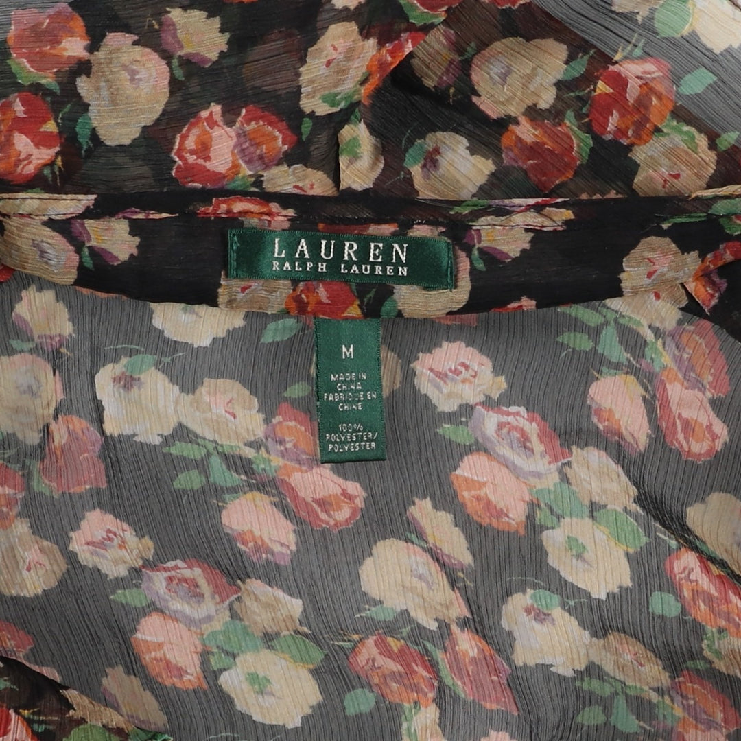 Ralph Lauren LAUREN Floral Ruffle Long-Sleeve Sheer Blouse, Women's Size M (approx.) polyester black type Vintage Second Hand