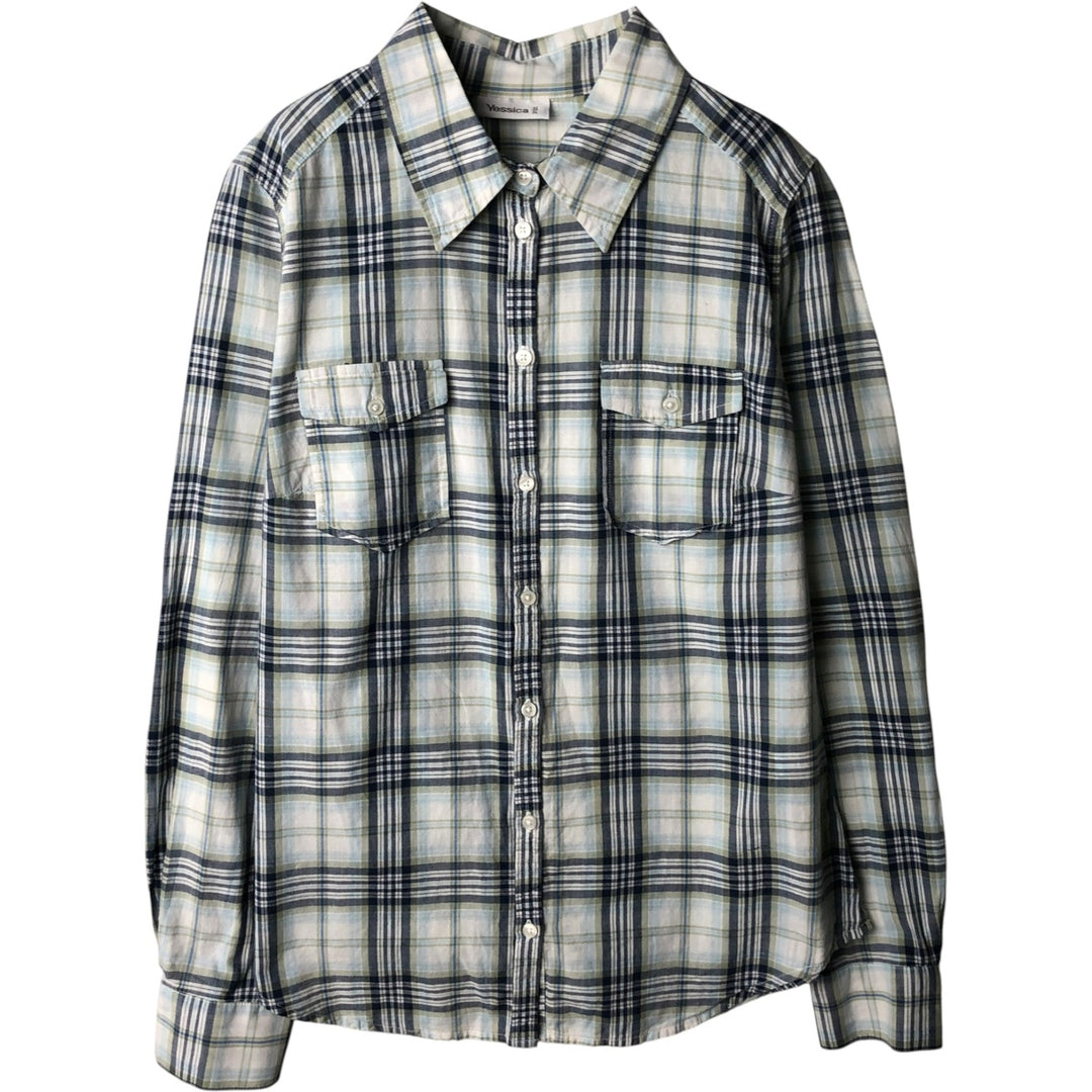 Yessica Long-Sleeve Cotton Check Shirt, Women's Size M (approx.) cotton Blue type light blue Vintage Second Hand