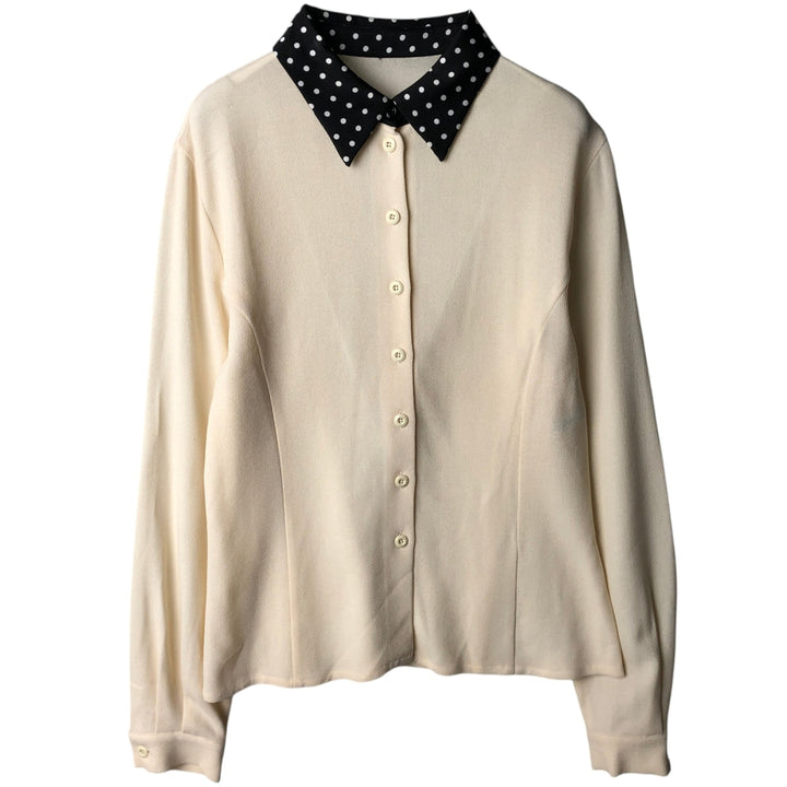 Polka Dot Pattern Long-Sleeve Blouse, Women's Size S (approx.) unclear ivory Vintage Second Hand