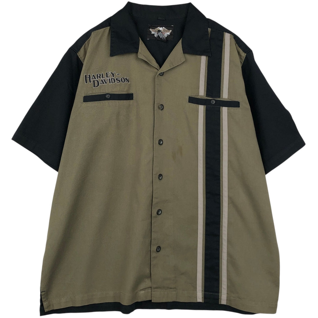 Harley-Davidson Short-Sleeve Open-Collar Work Shirt, Men's Size XL (approx.) cotton Khaki type Vintage Second Hand