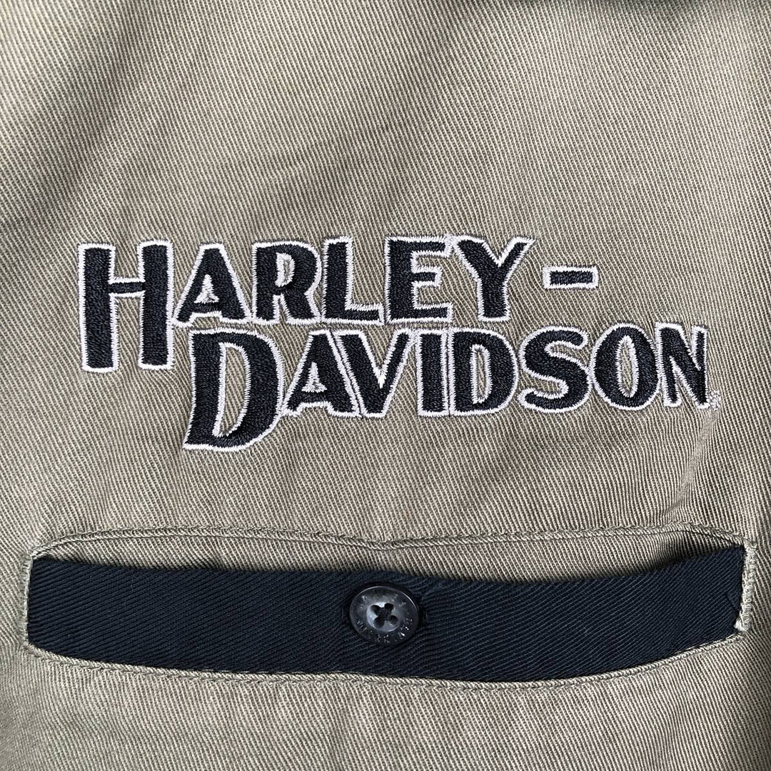 Harley-Davidson Short-Sleeve Open-Collar Work Shirt, Men's Size XL (approx.) cotton Khaki type Vintage Second Hand