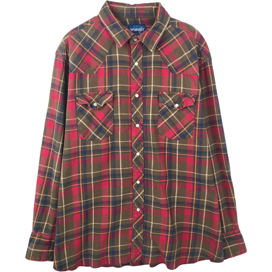 90'S Wrangler Western Shirts Long Sleeve Western Flannel Check Shirt Men's Size L (approx.) Vintage unclear Khaki type Vintage Second Hand