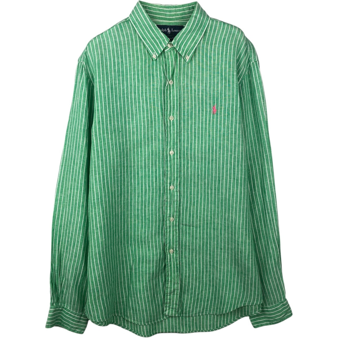 Ralph Lauren Custom Fit Striped Pattern Long Sleeve Linen Button-Down Shirt, Men's Size L unclear Emerald green Vintage Second Hand