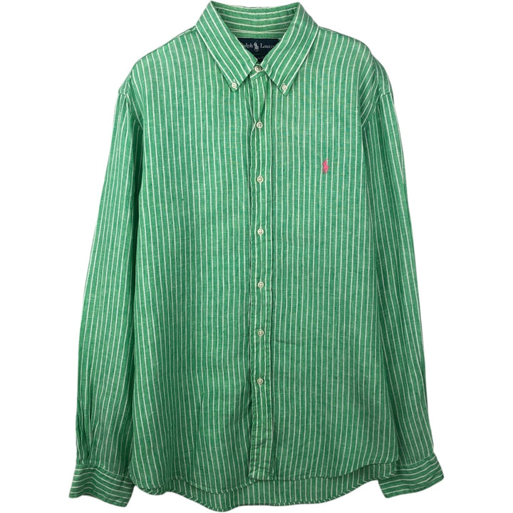 Ralph Lauren Custom Fit Striped Pattern Long Sleeve Linen Button-Down Shirt, Men's Size L unclear Emerald green Vintage Second Hand