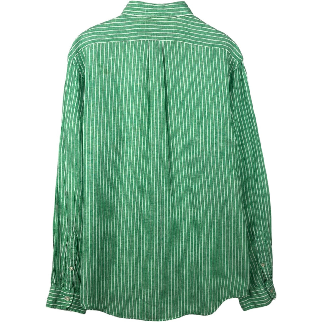 Ralph Lauren Custom Fit Striped Pattern Long Sleeve Linen Button-Down Shirt, Men's Size L unclear Emerald green Vintage Second Hand
