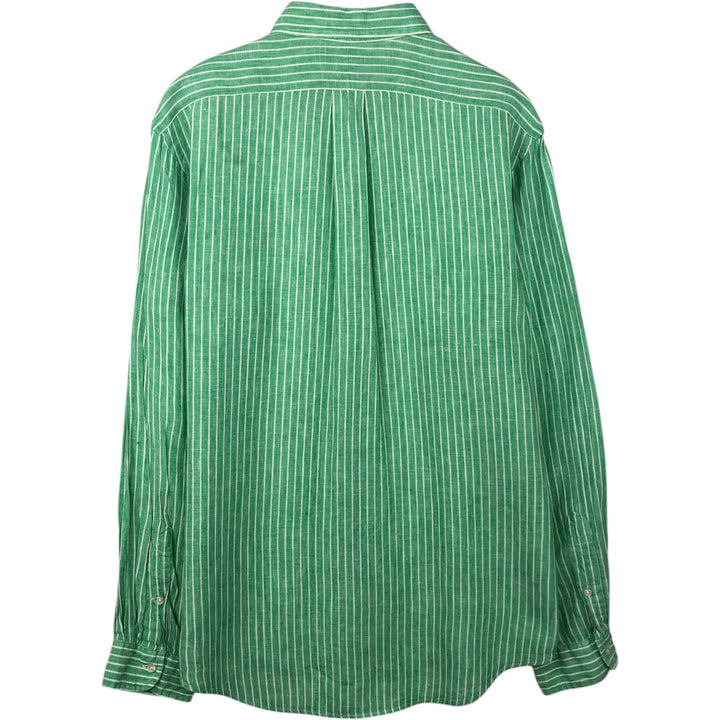 Ralph Lauren Custom Fit Striped Pattern Long Sleeve Linen Button-Down Shirt, Men's Size L unclear Emerald green Vintage Second Hand