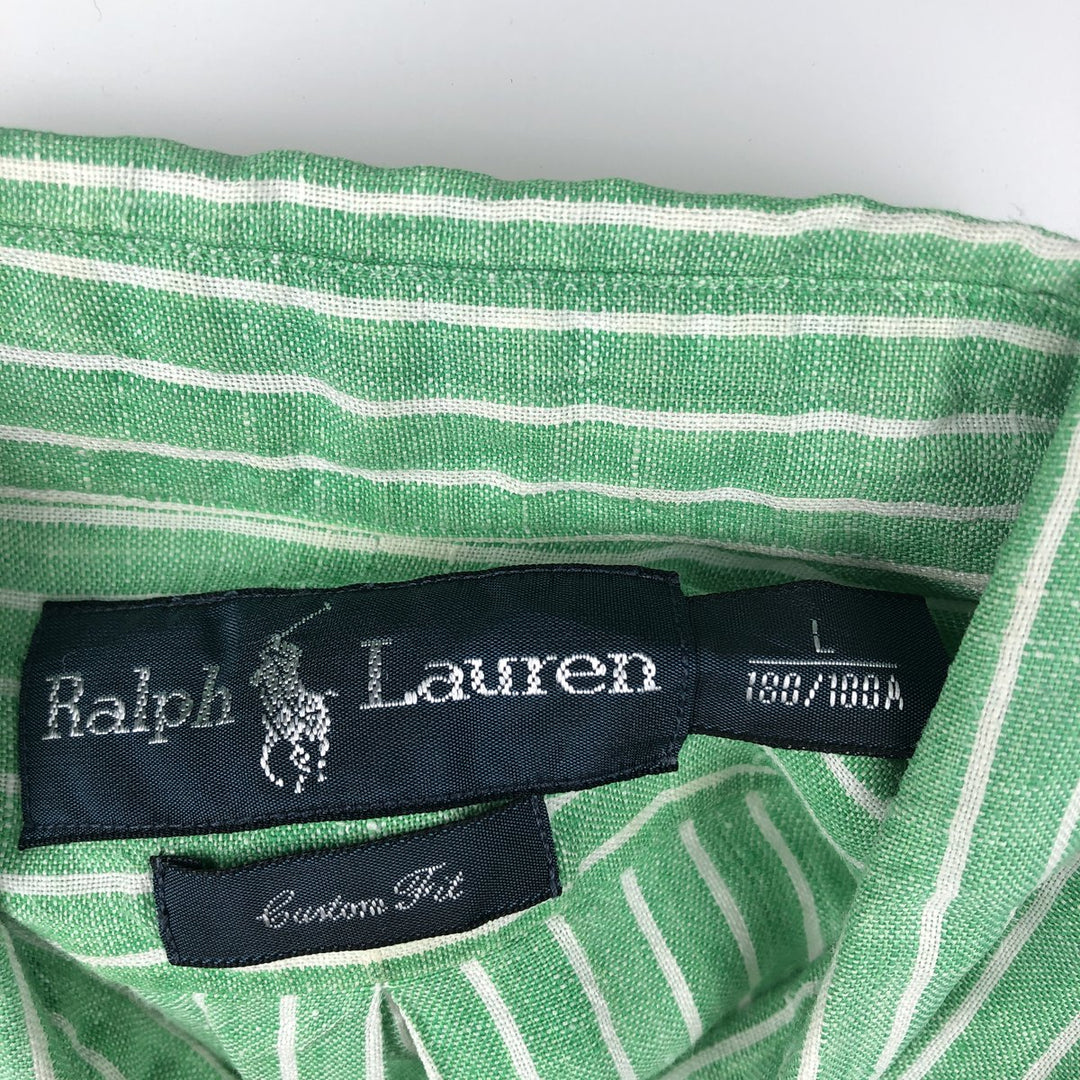Ralph Lauren Custom Fit Striped Pattern Long Sleeve Linen Button-Down Shirt, Men's Size L unclear Emerald green Vintage Second Hand