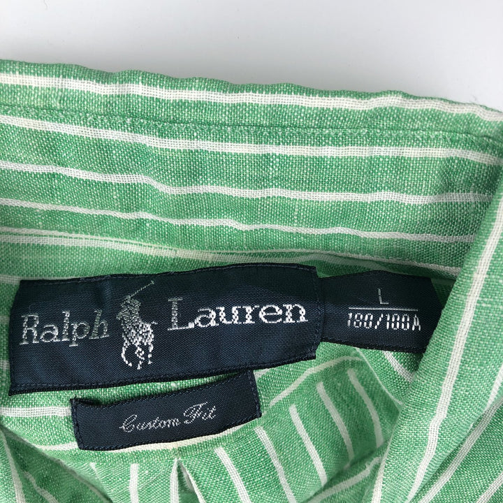 Ralph Lauren Custom Fit Striped Pattern Long Sleeve Linen Button-Down Shirt, Men's Size L unclear Emerald green Vintage Second Hand