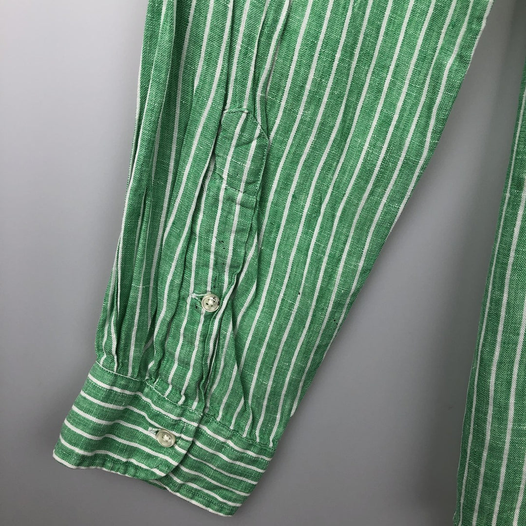 Ralph Lauren Custom Fit Striped Pattern Long Sleeve Linen Button-Down Shirt, Men's Size L unclear Emerald green Vintage Second Hand