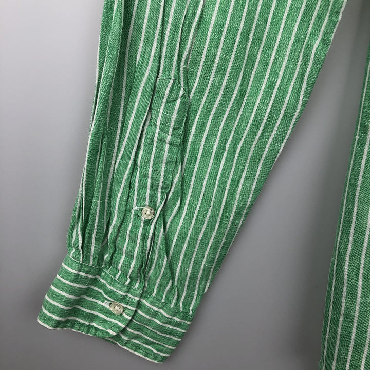 Ralph Lauren Custom Fit Striped Pattern Long Sleeve Linen Button-Down Shirt, Men's Size L unclear Emerald green Vintage Second Hand