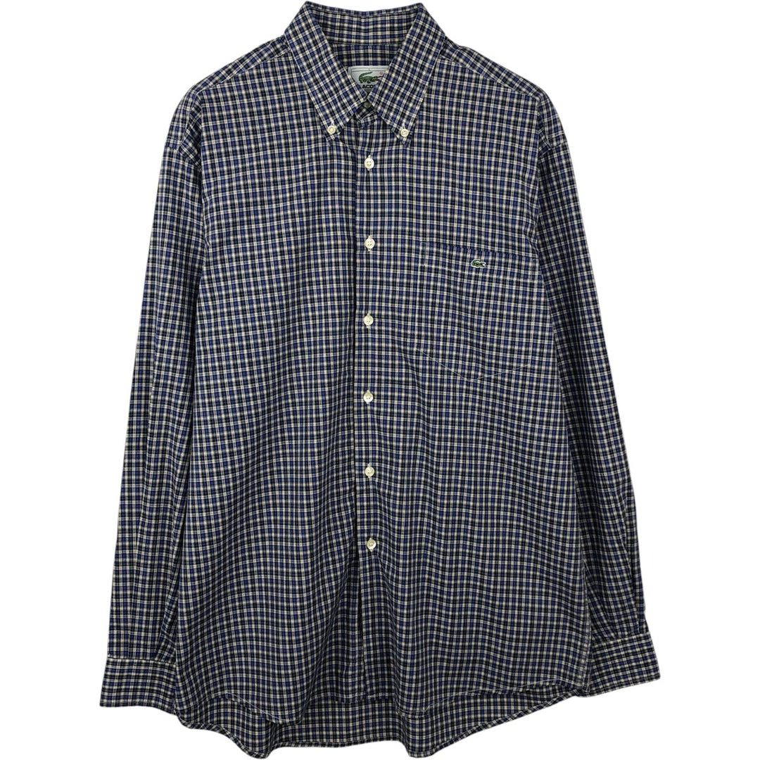 Lacoste long-sleeved button-down check shirt, made in Spain, men's size L (approx.) cotton navy blue type Vintage Second Hand