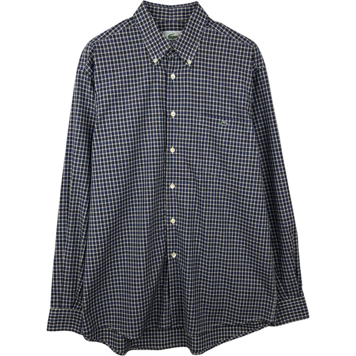 Lacoste long-sleeved button-down check shirt, made in Spain, men's size L (approx.) cotton navy blue type Vintage Second Hand