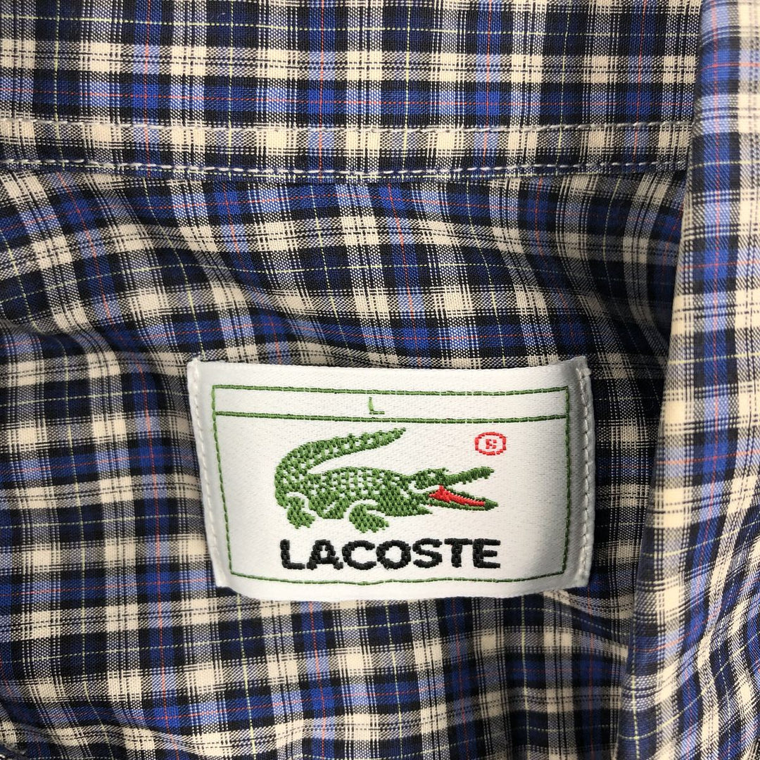 Lacoste long-sleeved button-down check shirt, made in Spain, men's size L (approx.) cotton navy blue type Vintage Second Hand