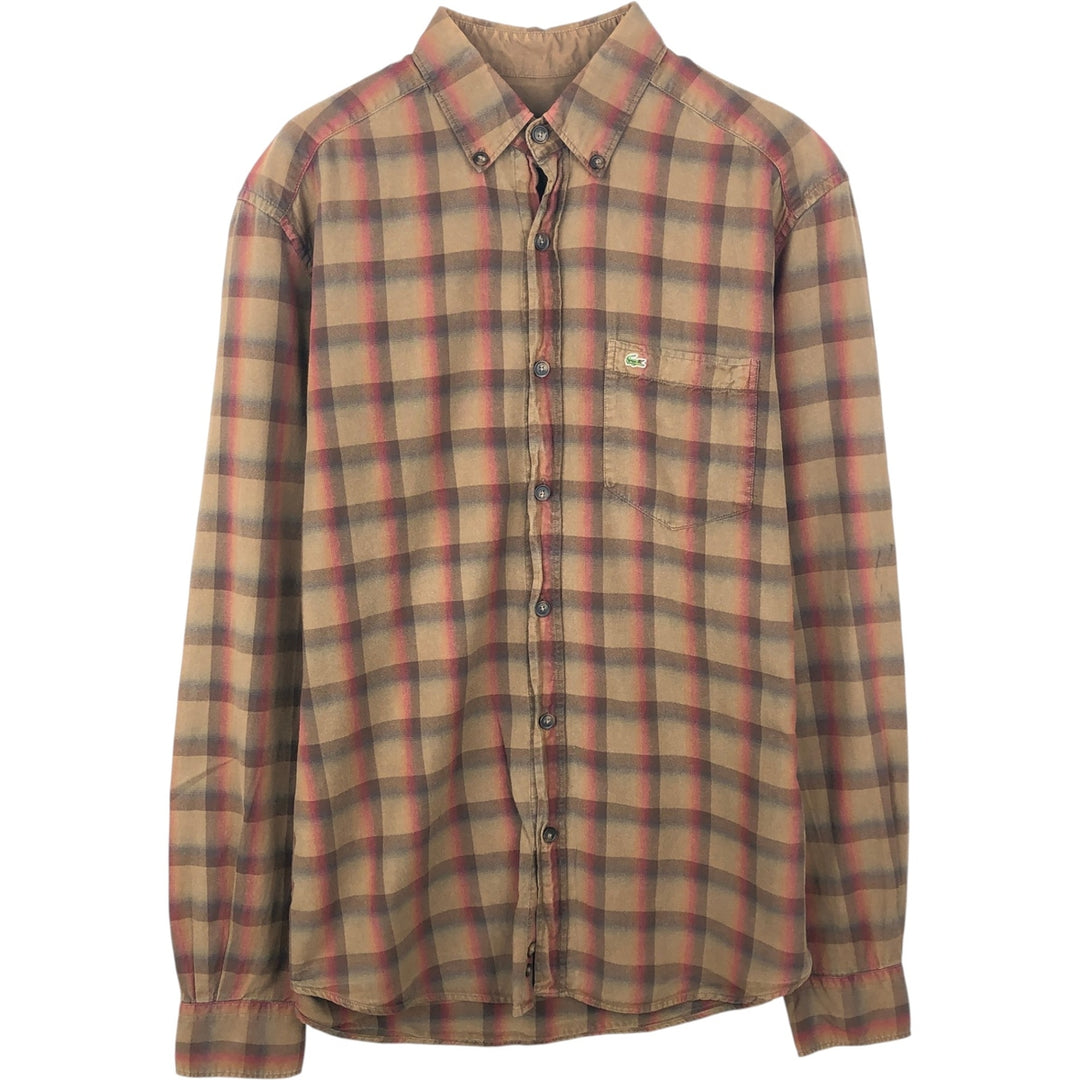 Lacoste SLIM FIT French design long-sleeved button-down check shirt, men's size S (approx.) cotton brown type Vintage Second Hand
