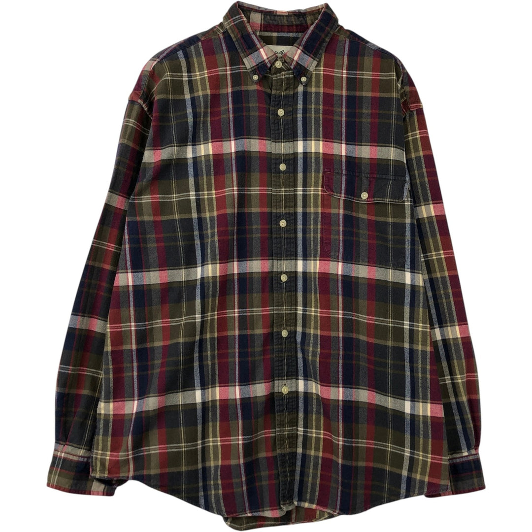 Eddie Bauer Long-Sleeve Button-Down Flannel Check Shirt, Men's Size XL (approx.), Long Sleeves, Flap Pockets cotton green type Vintage Second Hand