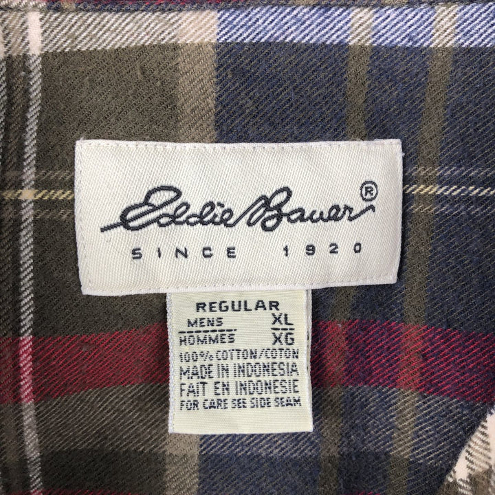Eddie Bauer Long-Sleeve Button-Down Flannel Check Shirt, Men's Size XL (approx.), Long Sleeves, Flap Pockets cotton green type Vintage Second Hand