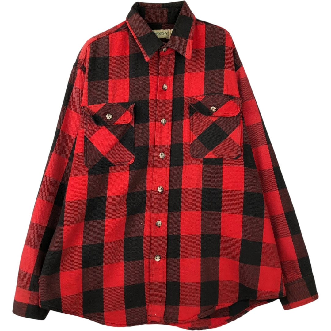 1980'S St. John's Bay Buffalo Check Long-Sleeve Light Flannel Shirt, Made in USA, Men's Size L (approx.) cotton red type Vintage Second Hand