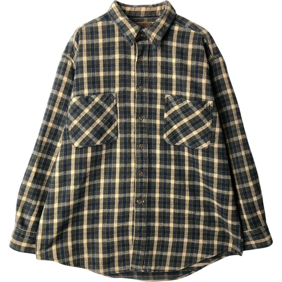 1990'S St. John's Bay Long-Sleeve Heavy Flannel Check Shirt, Men's Size L (approx.), Vintage cotton Green type dark green Vintage Second Hand