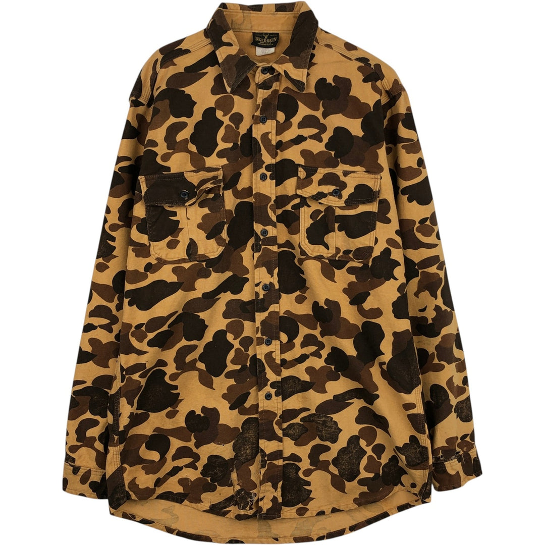 80'S DEERSKIN Camouflage Pattern Duck Hunter Camo Long Sleeve Heavy Flannel Shirt, Made in USA, Men's Size L (Equivalent), Vintage cotton Beige type Vintage Second Hand