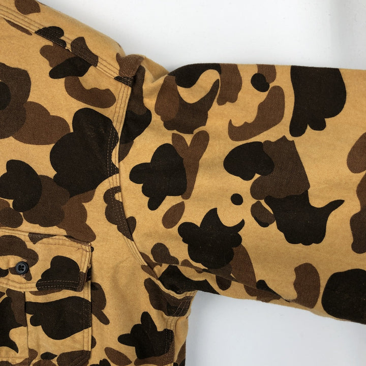 80'S DEERSKIN Camouflage Pattern Duck Hunter Camo Long Sleeve Heavy Flannel Shirt, Made in USA, Men's Size L (Equivalent), Vintage cotton Beige type Vintage Second Hand