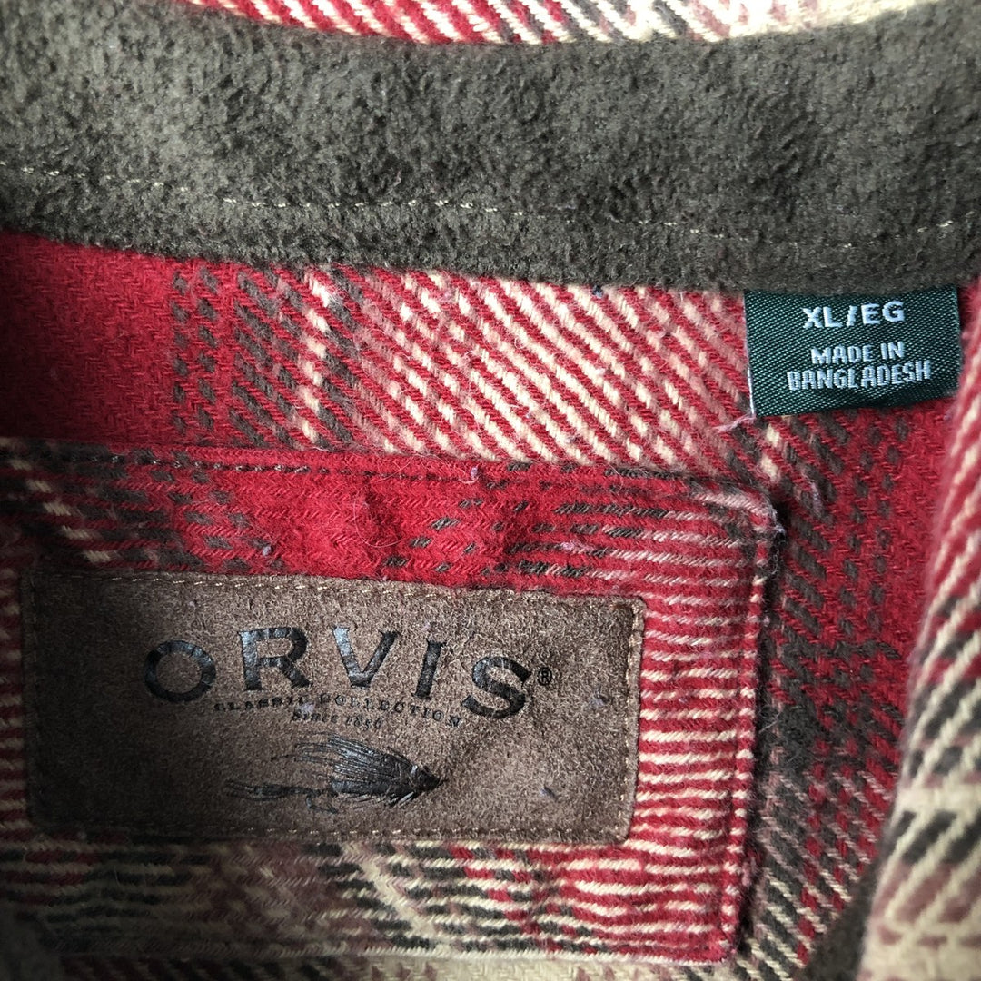 Orvis logo patch long-sleeved flannel check shirt, men's size XL. cotton wine-red Vintage Second Hand