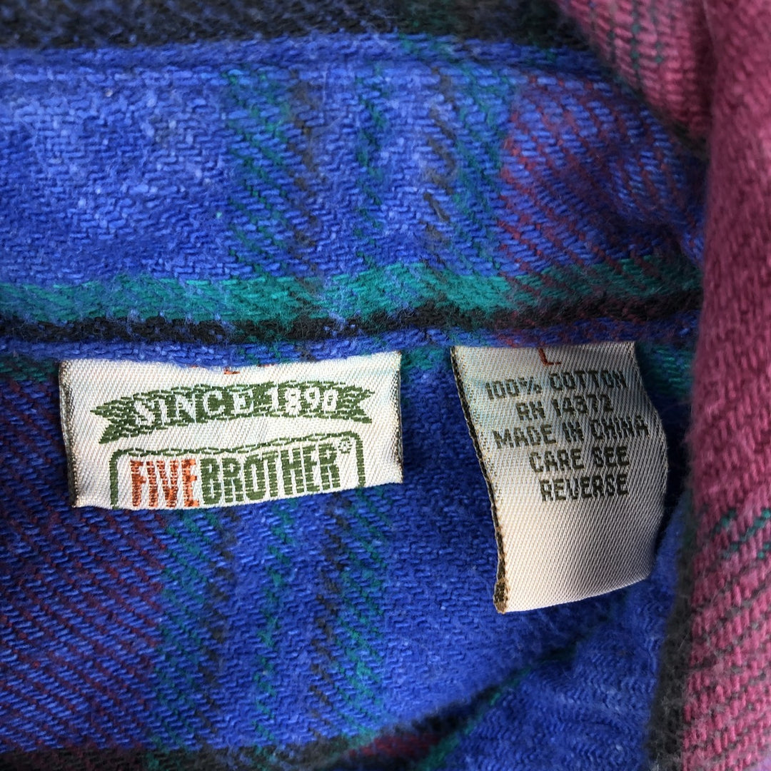 90'S Five Brother Long Sleeve Flannel Check Shirt Men's Size L Vintage cotton navy blue type Vintage Second Hand
