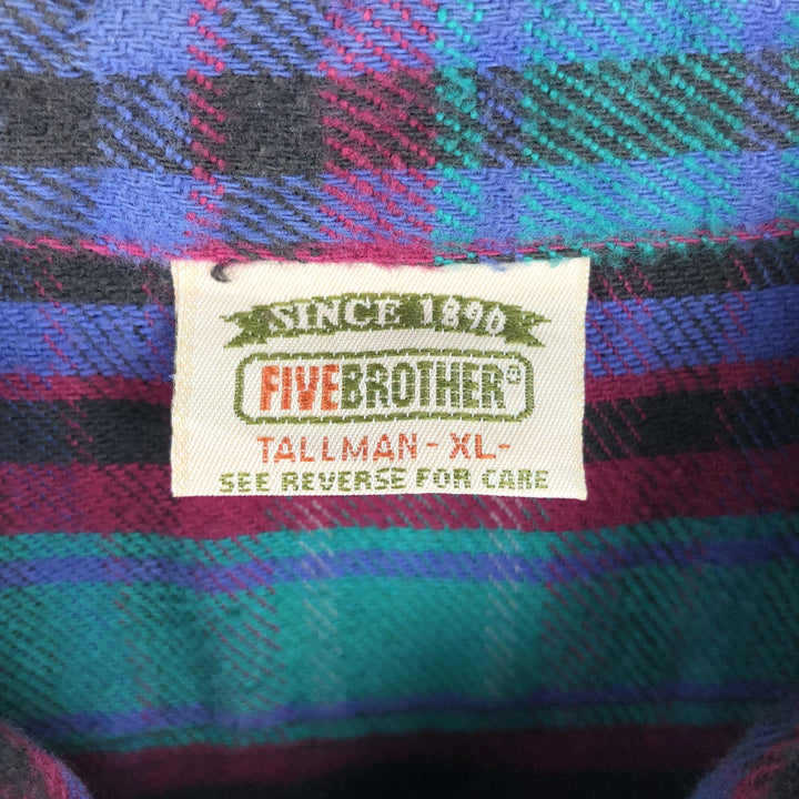90'S Five Brother long-sleeved flannel check shirt, men's size XL unclear Green type dark green Vintage Second Hand