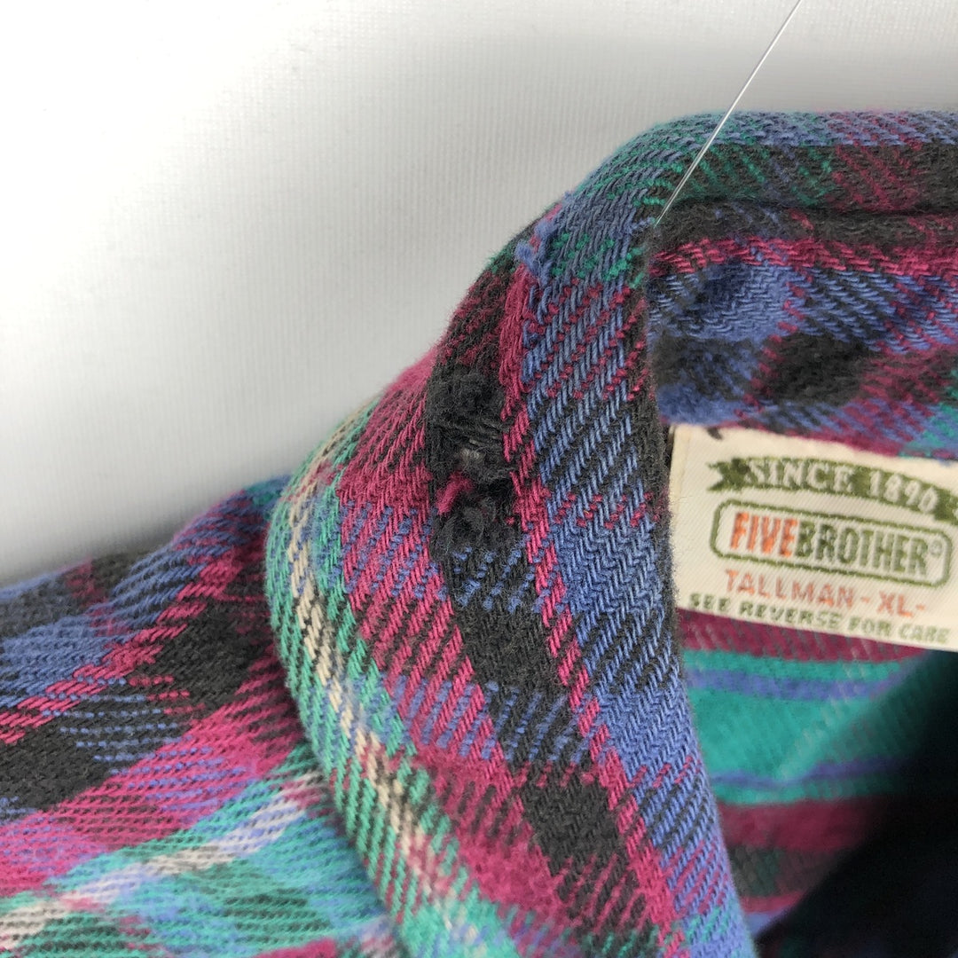 90'S Five Brother long-sleeved flannel check shirt, men's size XL unclear Green type dark green Vintage Second Hand