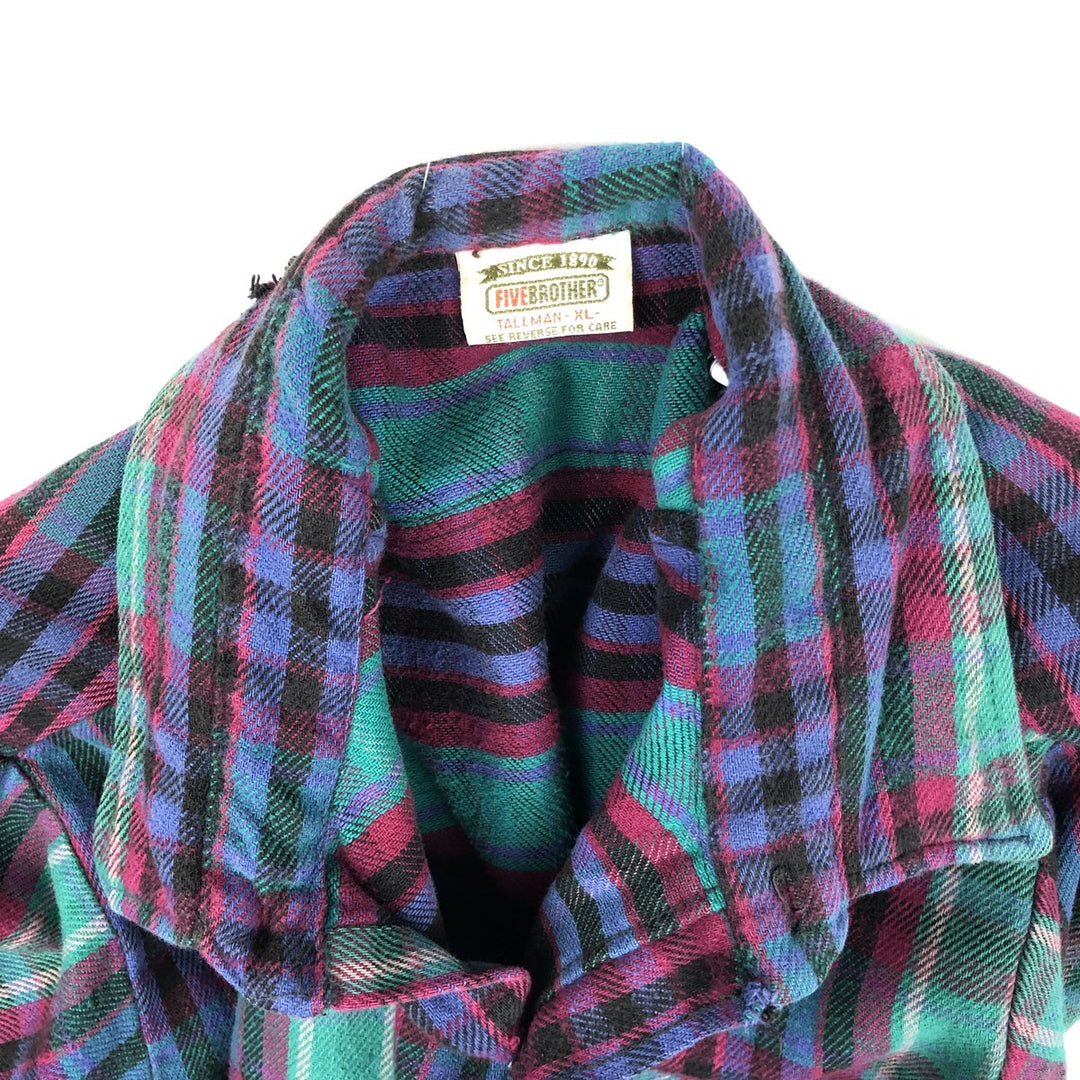 90'S Five Brother long-sleeved flannel check shirt, men's size XL unclear Green type dark green Vintage Second Hand