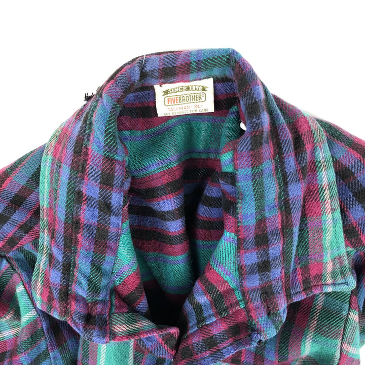 90'S Five Brother long-sleeved flannel check shirt, men's size XL unclear Green type dark green Vintage Second Hand