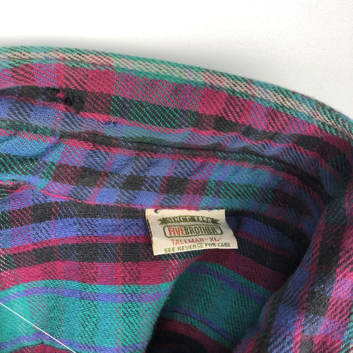 90'S Five Brother long-sleeved flannel check shirt, men's size XL unclear Green type dark green Vintage Second Hand