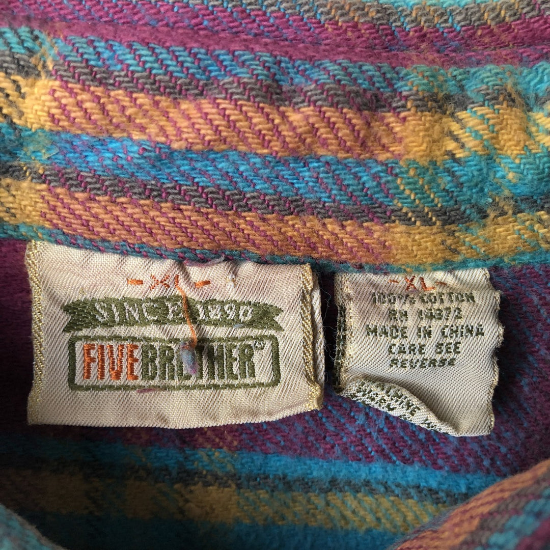 90'S Five Brother Long Sleeve Flannel Check Shirt Men's XL Vintage cotton turquoise blue Vintage Second Hand