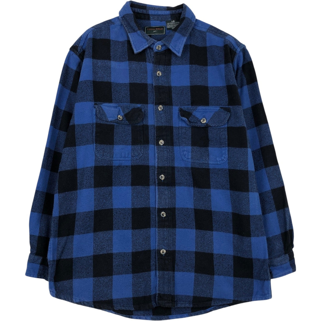 FIELDandSTREAM Buffalo Check Long-Sleeve Heavy Flannel Check Shirt (Men's Size L) cotton blue type Vintage Second Hand