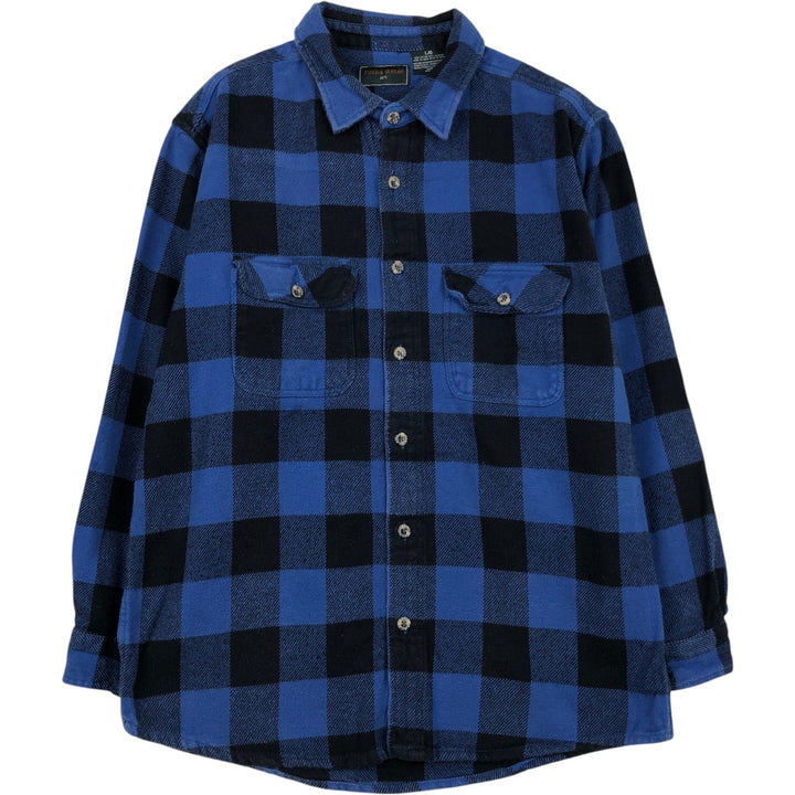 FIELDandSTREAM Buffalo Check Long-Sleeve Heavy Flannel Check Shirt (Men's Size L) cotton blue type Vintage Second Hand