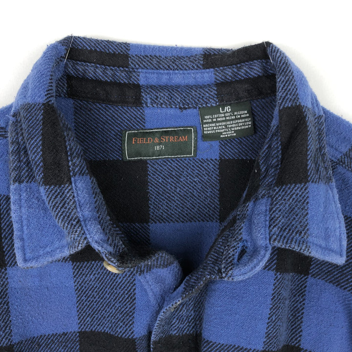 FIELDandSTREAM Buffalo Check Long-Sleeve Heavy Flannel Check Shirt (Men's Size L) cotton blue type Vintage Second Hand