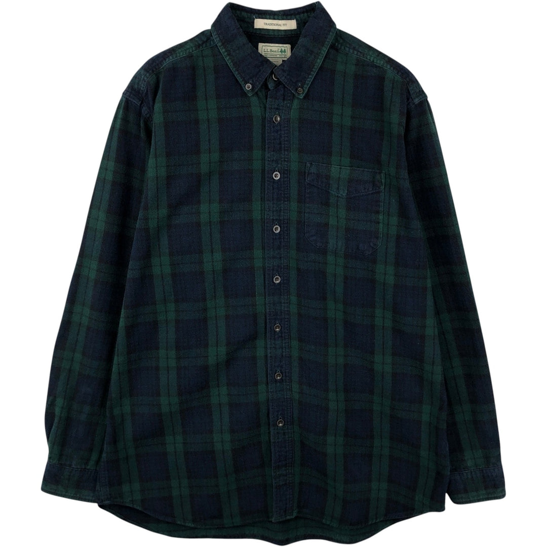 L.L.Bean Traditional Fit Blackwatch Check Long-Sleeve Button-Down Flannel Check Shirt, Men's Size L (approx.) cotton Green type dark green Vintage Second Hand