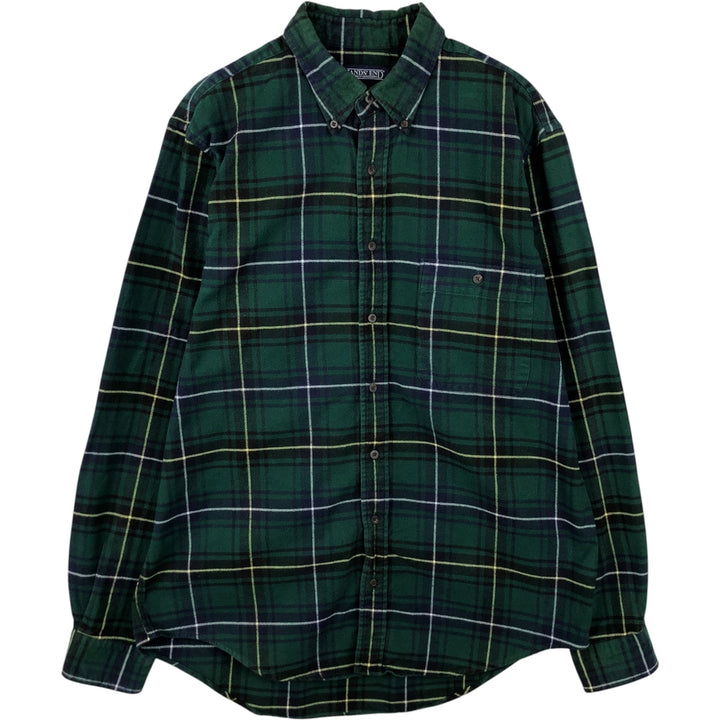 Lands' End Long-Sleeve Button-Down Flannel Check Shirt, Men's Size L (approx.) cotton green type Vintage Second Hand