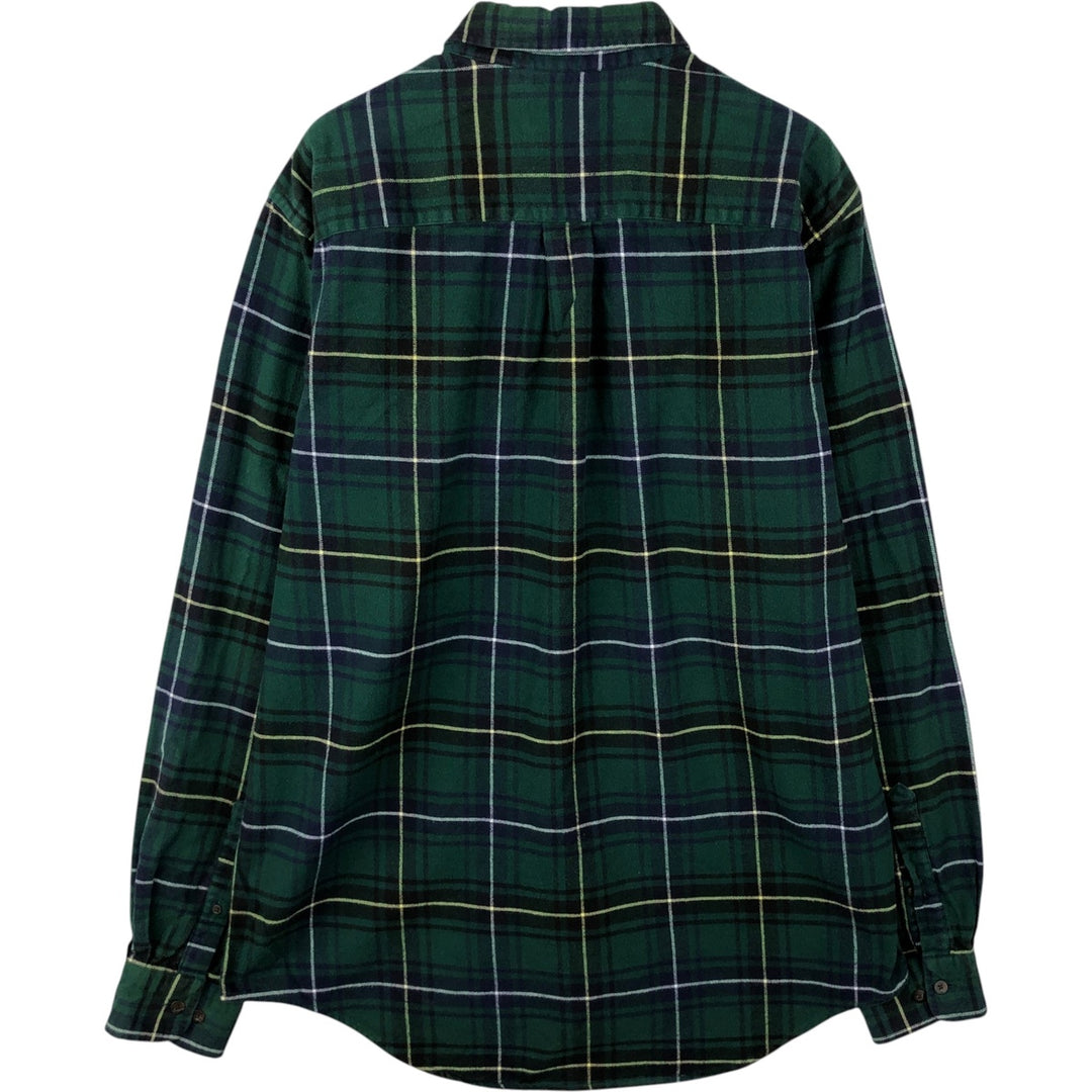Lands' End Long-Sleeve Button-Down Flannel Check Shirt, Men's Size L (approx.) cotton green type Vintage Second Hand