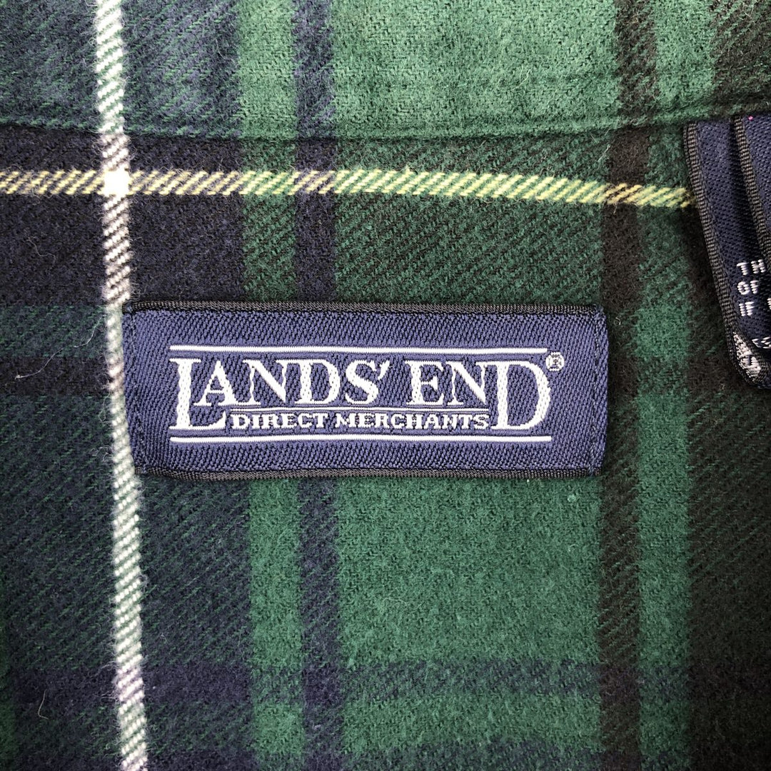 Lands' End Long-Sleeve Button-Down Flannel Check Shirt, Men's Size L (approx.) cotton green type Vintage Second Hand