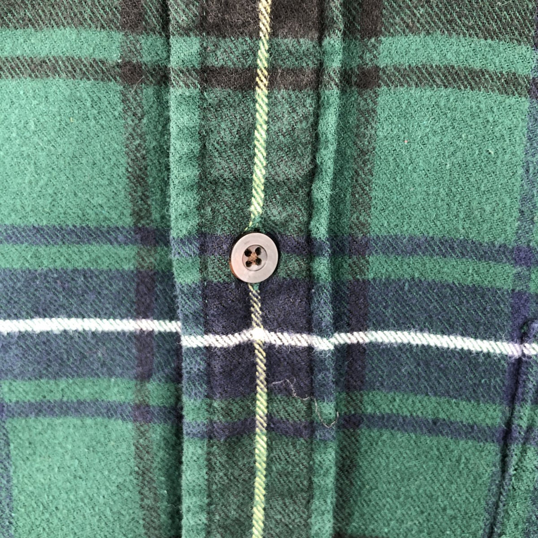 Lands' End Long-Sleeve Button-Down Flannel Check Shirt, Men's Size L (approx.) cotton green type Vintage Second Hand