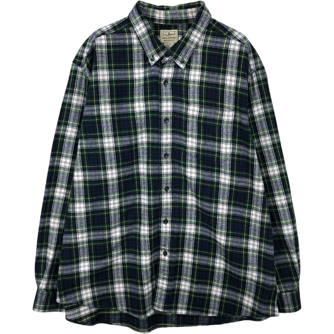 90s-00'S L.L.Bean Traditional Fit Long-Sleeve Button-Down Flannel Check Shirt, Men's Size XL (Equivalent), Vintage cotton Green type dark green Vintage Second Hand