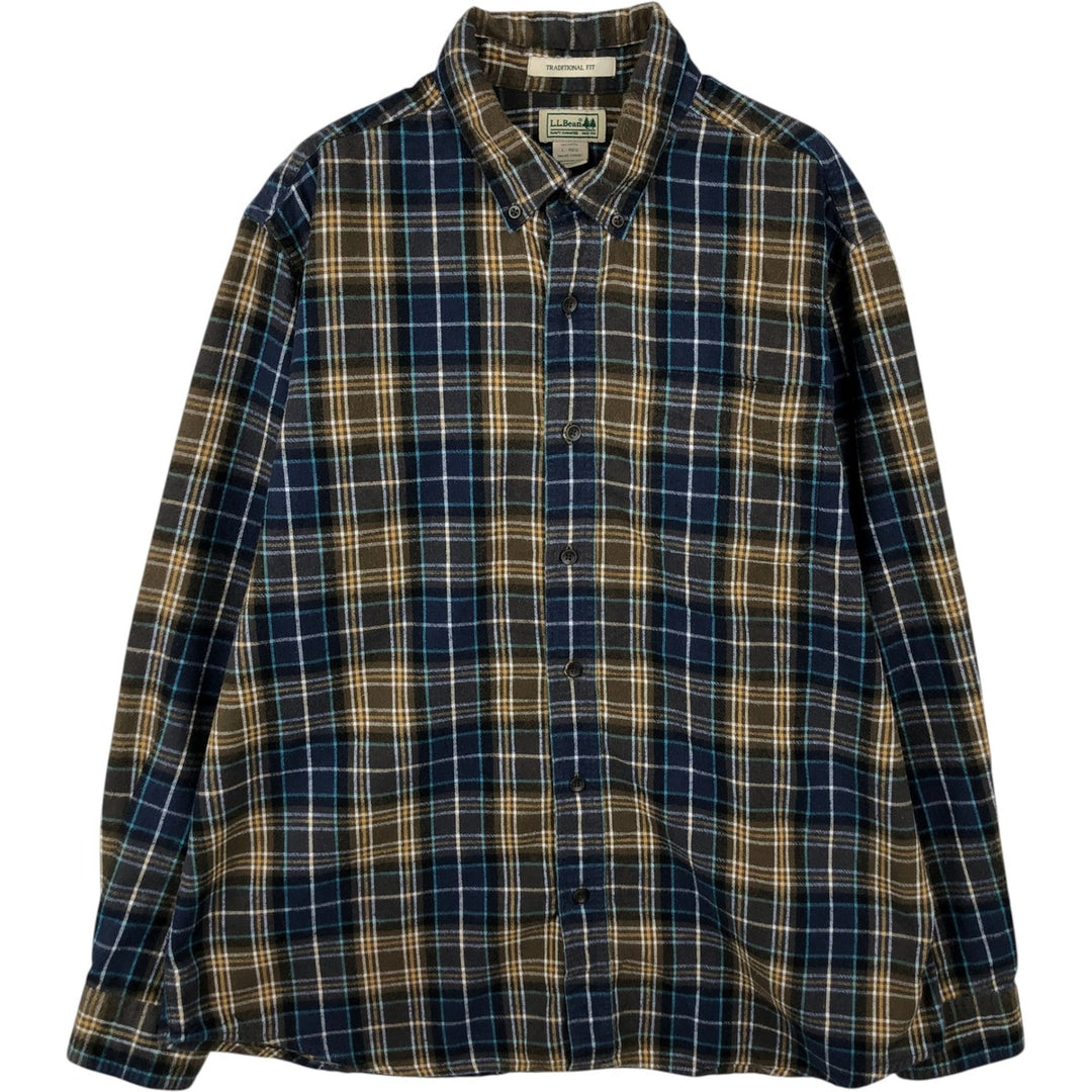 LLBean Traditional Fit Long Sleeve Button-Down Flannel Check Shirt, Men's Size L cotton navy blue type Vintage Second Hand