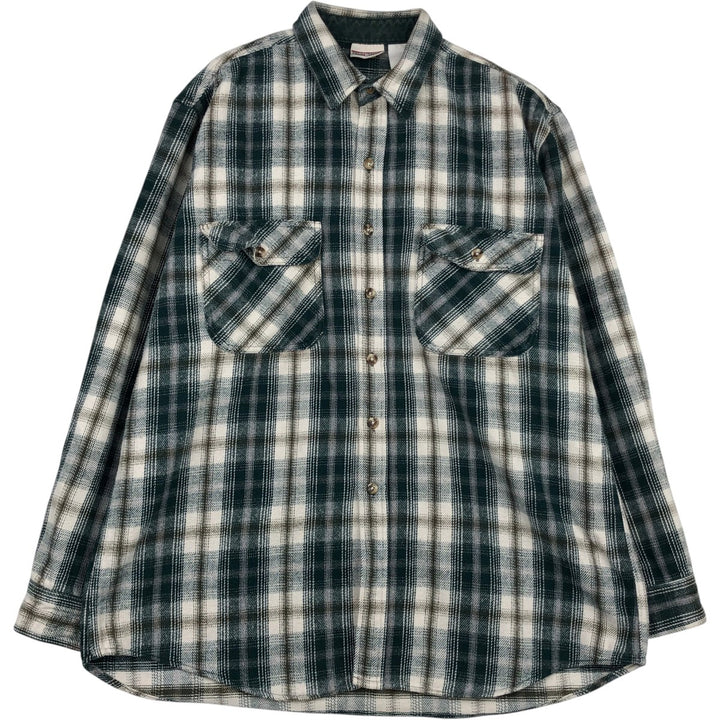 90'S FIELD and STREAM Long-Sleeve Heavy Flannel Check Shirt, Men's Size XL (Equivalent), Vintage cotton Green type dark green Vintage Second Hand