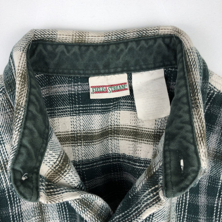 90'S FIELD and STREAM Long-Sleeve Heavy Flannel Check Shirt, Men's Size XL (Equivalent), Vintage cotton Green type dark green Vintage Second Hand