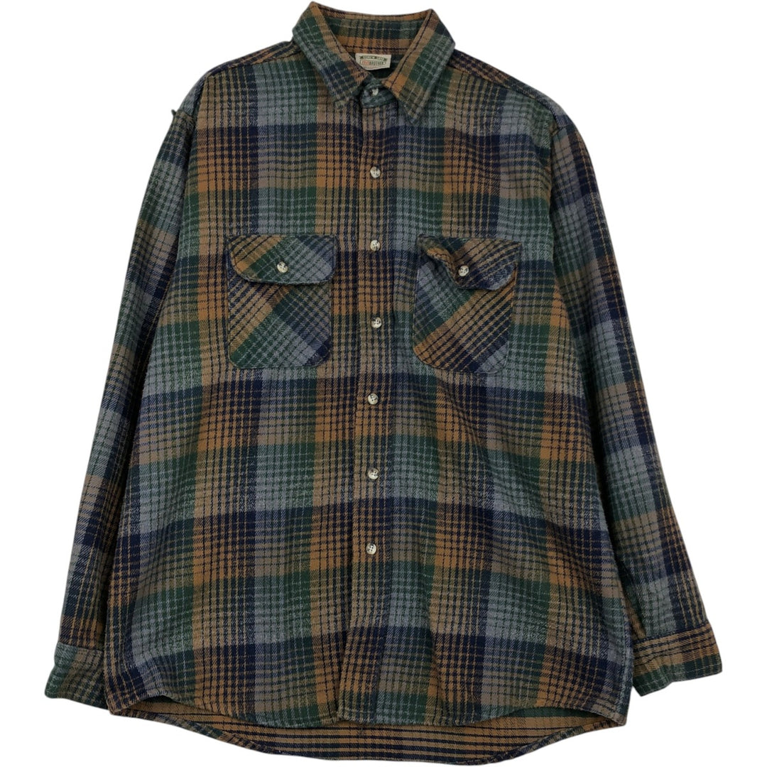 90'S Vintage Five Brother Long Sleeve Flannel Check Shirt, Made in USA, Men's Size L cotton brown type Vintage Second Hand