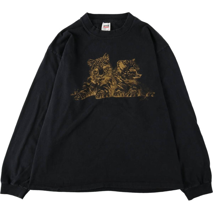 ~90'S Anvil Leopard Pattern Animal Pattern Long-Sleeve T-Shirt, Made in USA, Men's Size L (Equivalent), Vintage cotton black type Vintage Second Hand