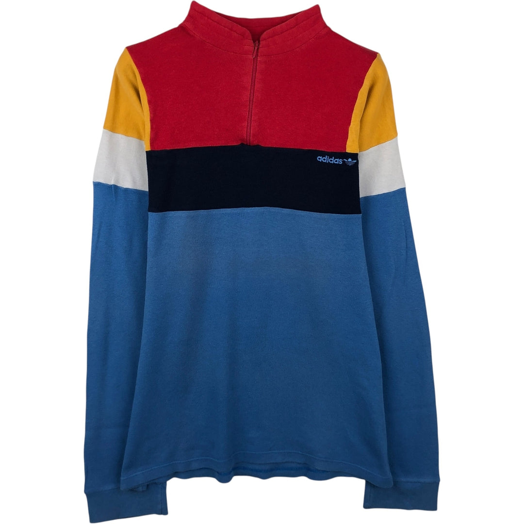 80s-90'S Adidas Trefoil Logo Half-Zip Long-Sleeve T-Shirt (Men's Size L equivalent) Vintage cotton blue type Vintage Second Hand