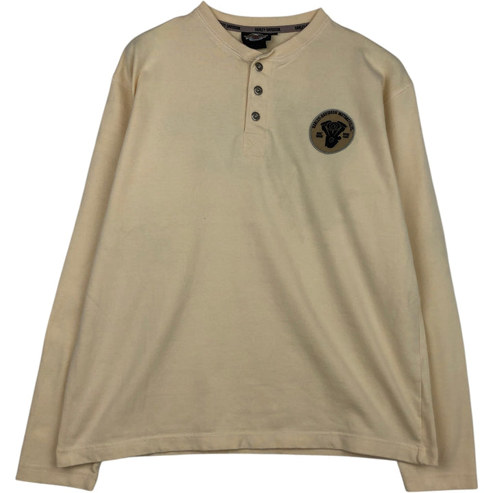 Harley-Davidson Fire Pattern Henley Neck Long-Sleeve T-Shirt (Men's Size L) cotton Beige type Vintage Second Hand
