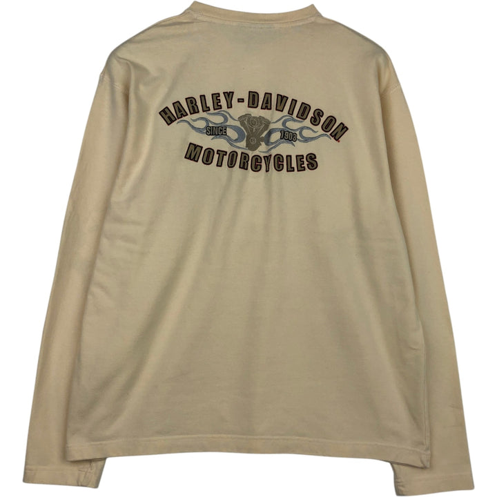 Harley-Davidson Fire Pattern Henley Neck Long-Sleeve T-Shirt (Men's Size L) cotton Beige type Vintage Second Hand
