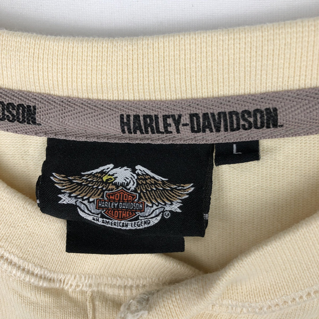 Harley-Davidson Fire Pattern Henley Neck Long-Sleeve T-Shirt (Men's Size L) cotton Beige type Vintage Second Hand